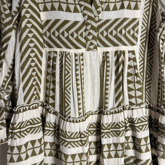 Devotion Twins Ella Cream Olive Embroidered 3/4 Sleeve Boho Coastal Mini Dress - Picture 13 of 14